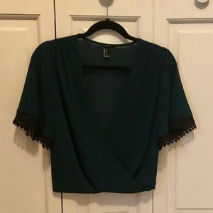 Green Forever21 Top- black lace detailed sleeves!